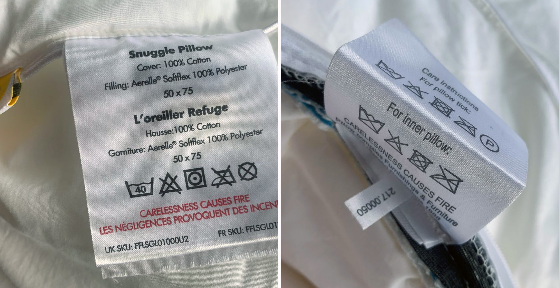 Checking a throw pillow care label before machine washing