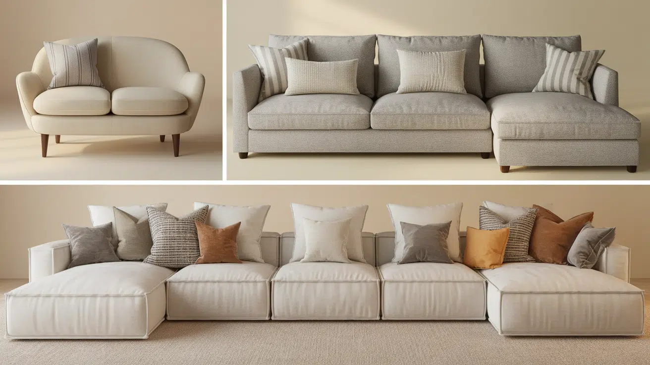 Layered throw pillow arrangement mixing sizes and textures on a beige couch