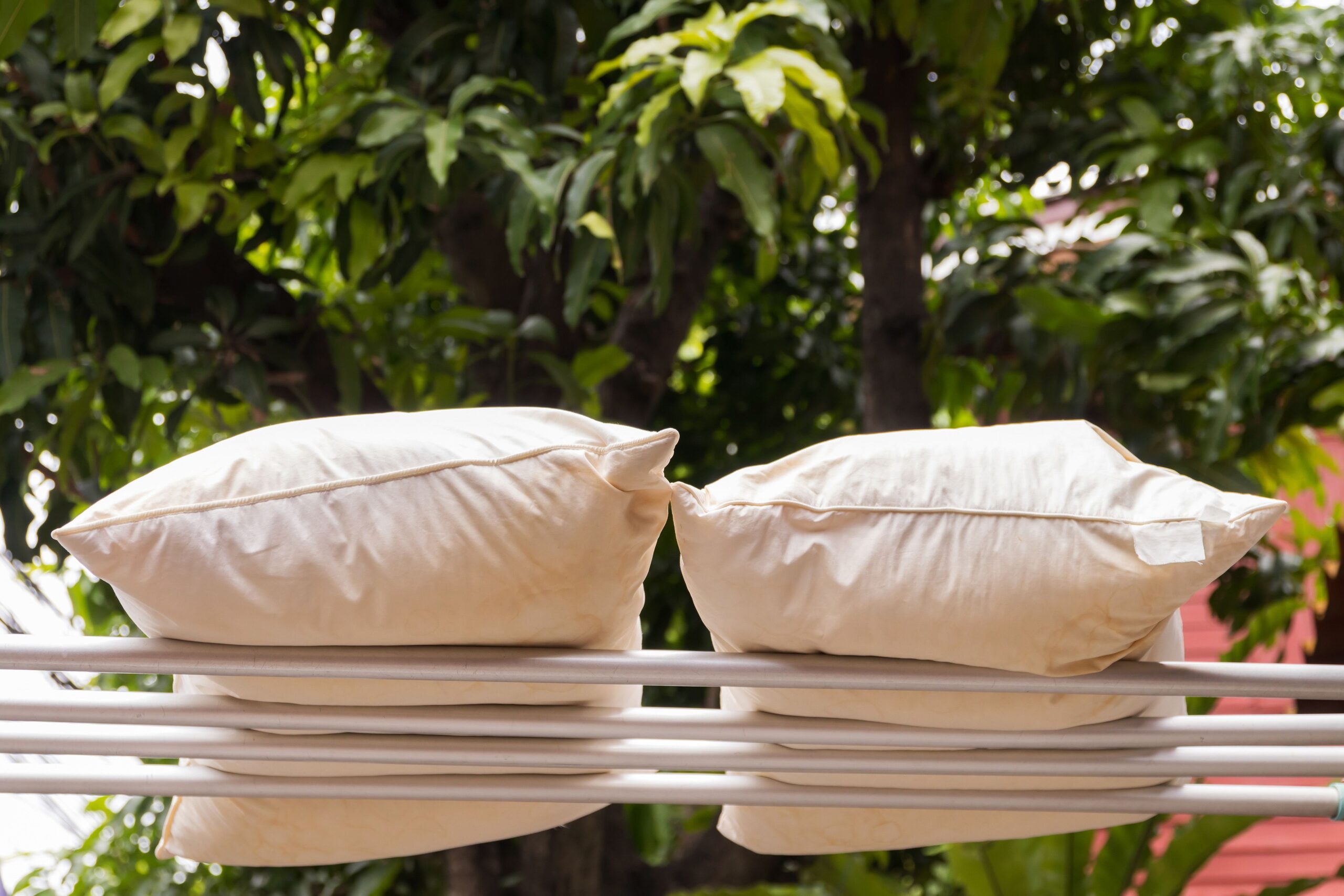 A new pillow airing on a rack in a ventilated area