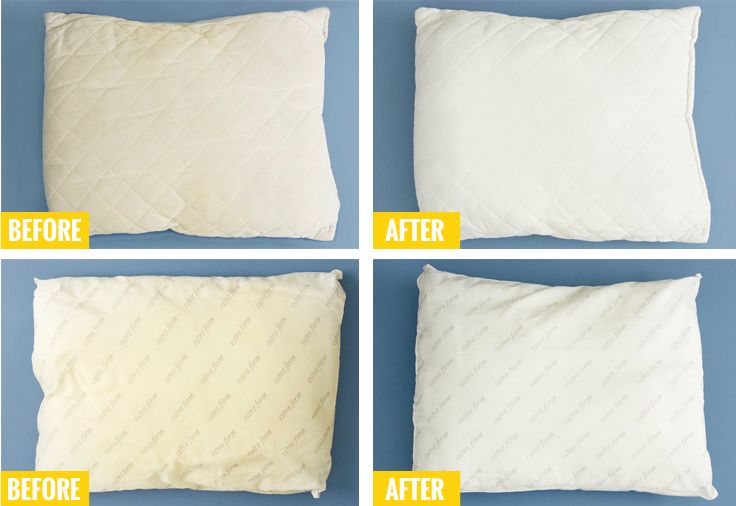 Pillow before and after treatment of yellow stains