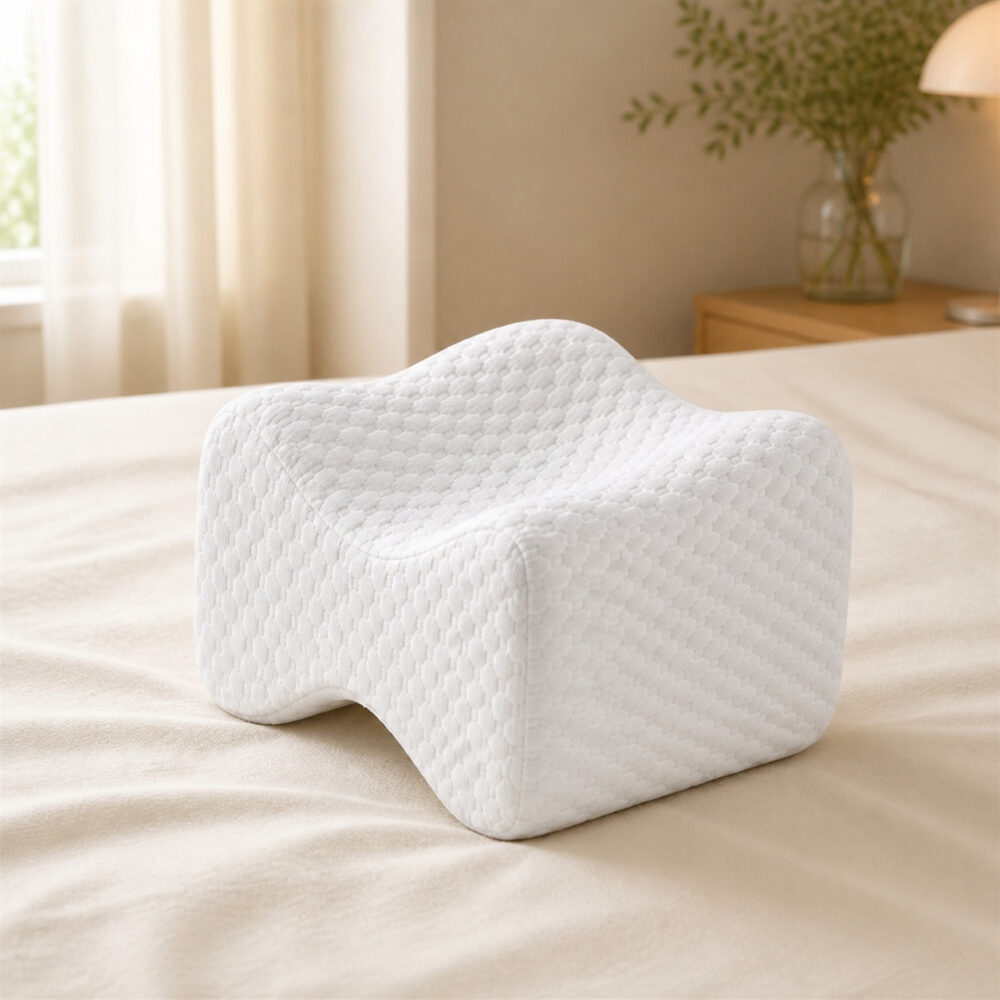 White contoured memory foam knee pillow on ivory bedding