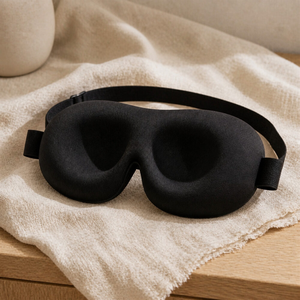 Black 3D contoured sleep mask on warm neutral linen