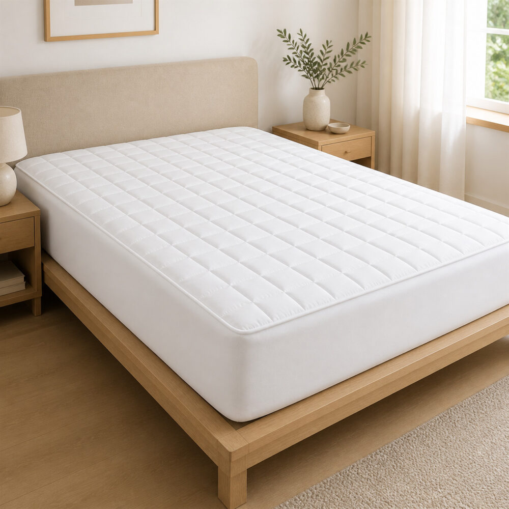 White quilted waterproof mattress protector fitted on a modern bed