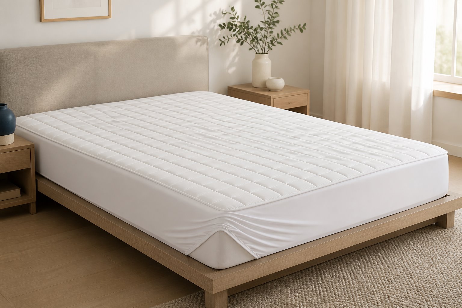 White quilted waterproof mattress protector on a modern bed